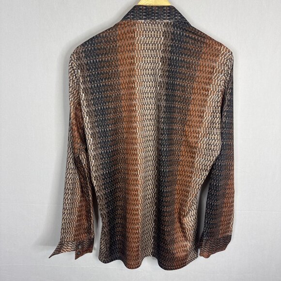 Vintage 70s Brown Geometric Disco Shirt Men’s L (Fits M-L) Sheen Polyester - Picture 5 of 5